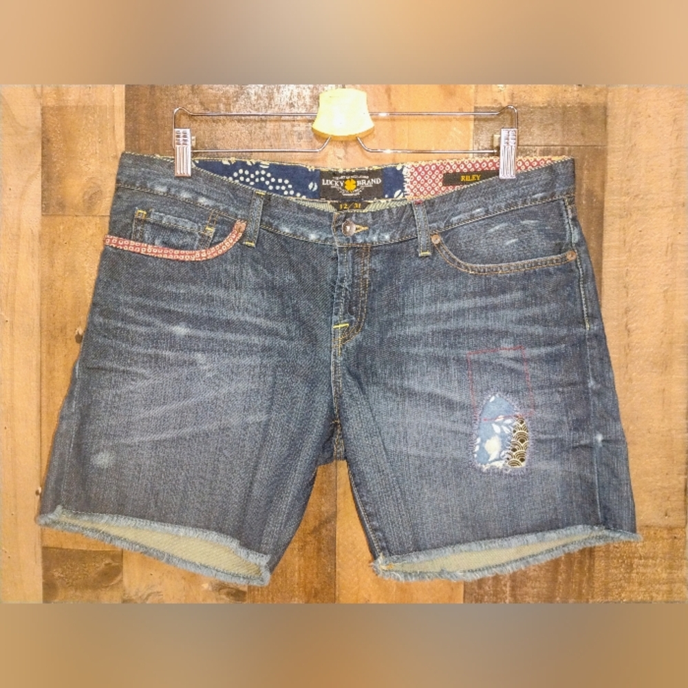 Lucky Brand Riley Cut Off Denim Shorts Size 12/31 Boho Embroidered